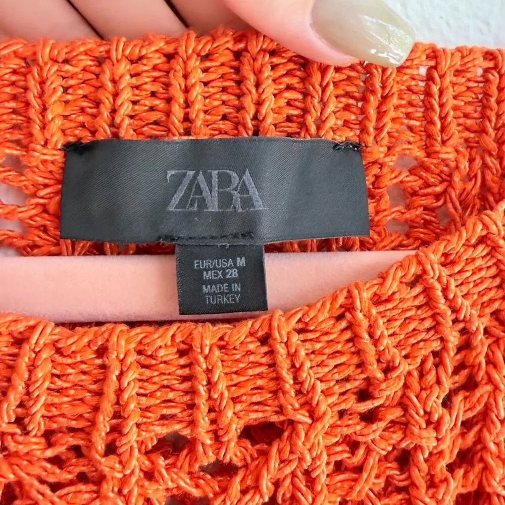 Zara Crochet Short Dolman Sleeve Crop Top in Bright Orange size Medium